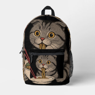 Die kuschelnde Katze, die Nudeln schlürft Bedruckter Rucksack