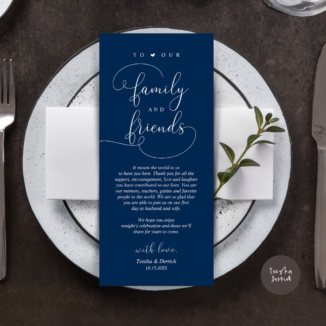 Die Lage des Abendessens dank der modernen elegant Programm (Modern Romantic Script, Wedding Dinner Place Setting Thank You Card, in Classy Navy Blue)