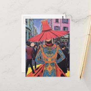 Die Lampenschirm-Hut-Dame in der Stadt Postkarte