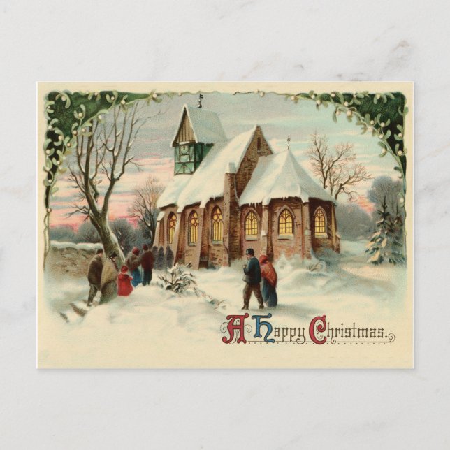 Die Leute gehen zu Weihnachten zur Dorfkirche Postkarte (Vorderseite)