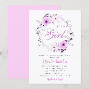 Die Lila Blütendusche mit Girl Watercolor Einladung