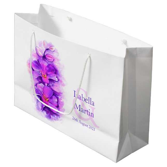 Die lila Orchideengeschenktüte des Brautbummels Große Geschenktüte (Vorderseite Schrägansicht)