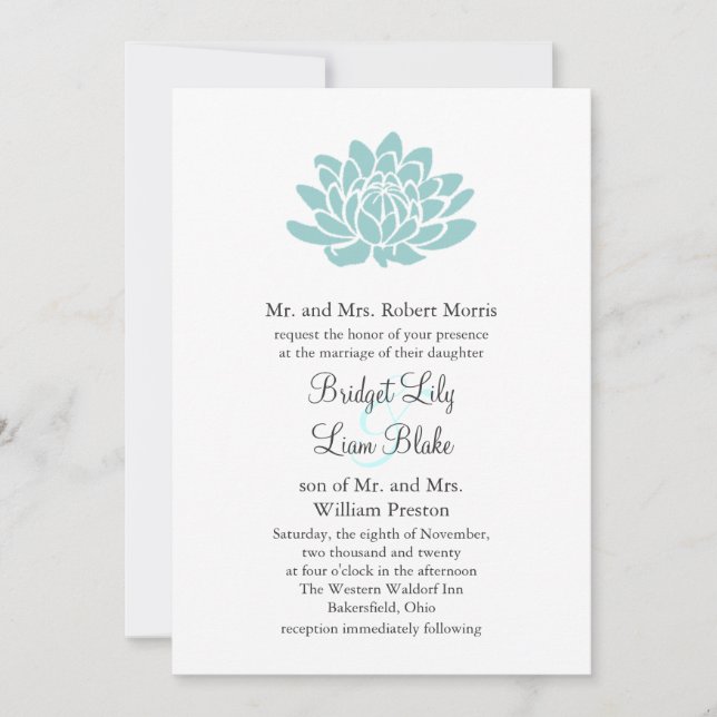 Die Lotos-Blumen-Hochzeitseinladung (Türkis) Einladung (Vorderseite)