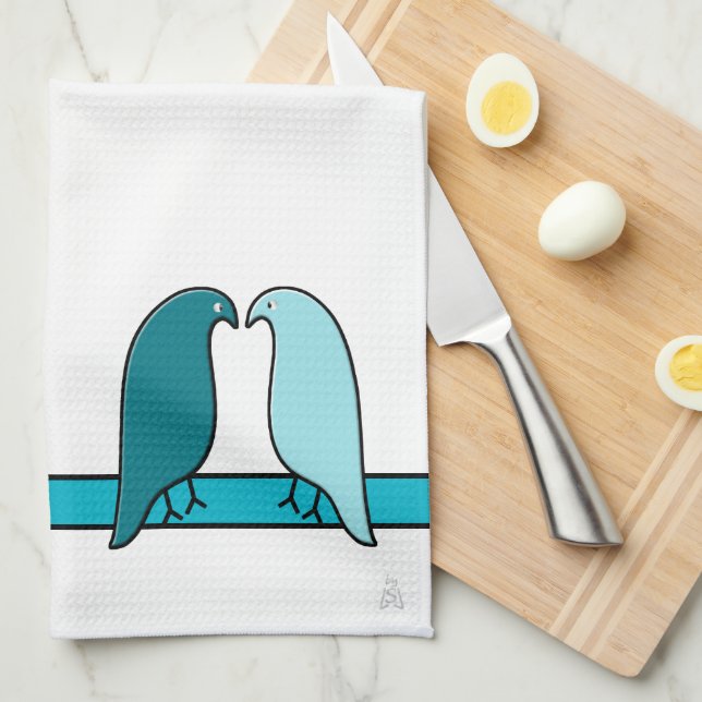 Die Lovebirds in Aqua und Aquamarin in White Geschirrtuch (Viertel Falte)