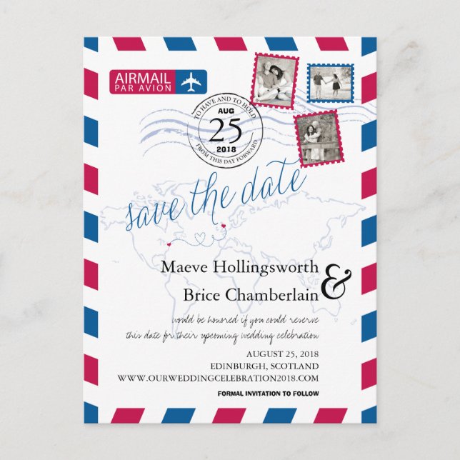 Die Luftpost der Welt Save the Date Ankündigungspostkarte (Vorderseite)