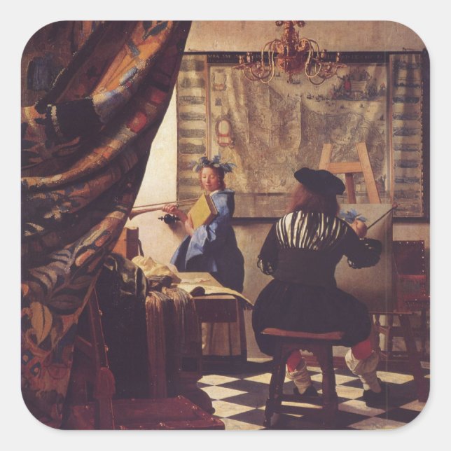 Die Malkunst von Johannes Vermeer Quadratischer Aufkleber (Vorderseite)