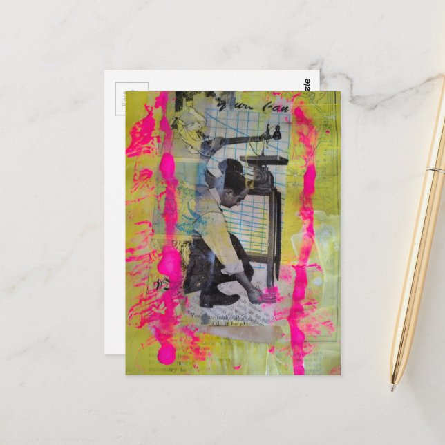 Die Mixed-Media-Collage Working Men Postkarte (Vorderseite/Rückseite Beispiel)