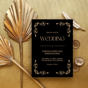 Die moderne Deko-Hochzeit in Schwarz und Gold Einladung