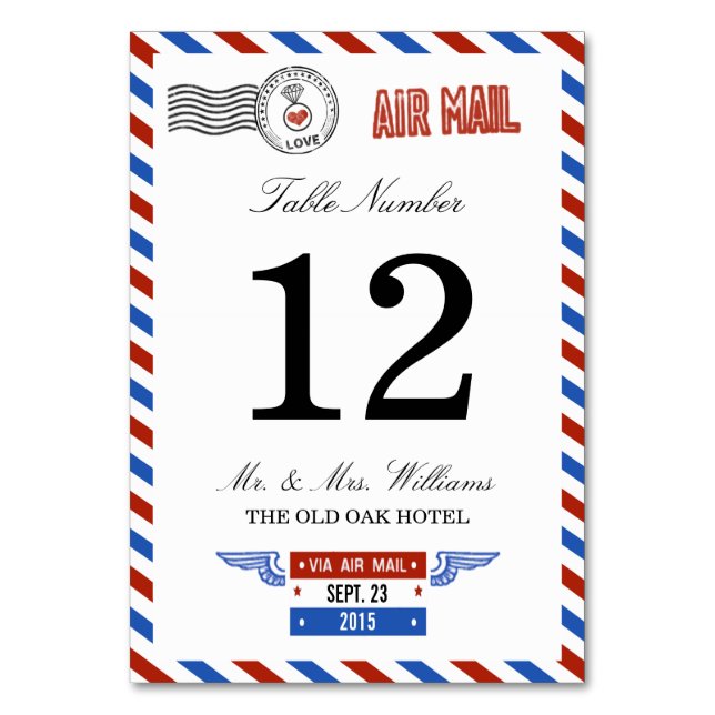 Die moderne Hochzeitskollektion der Luftpost Tischnummer (Vorderseite)