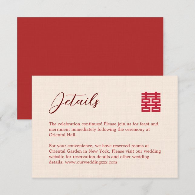 Die modernen chinesischen Hochzeitsdetails sind ei Begleitkarte (Vorne/Hinten)