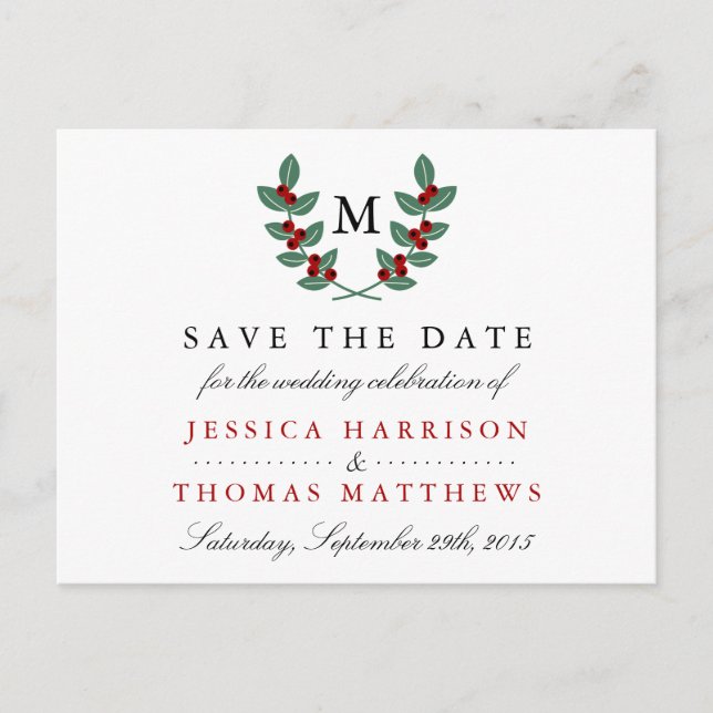 Die Monogram Berry Bush Wedding Collection Ankündigungspostkarte (Vorderseite)