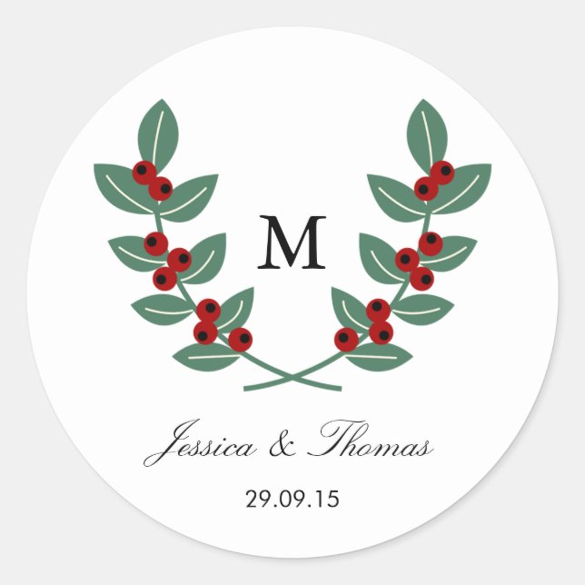 Die Monogram Berry Bush Wedding Collection Runder Aufkleber (Vorderseite)
