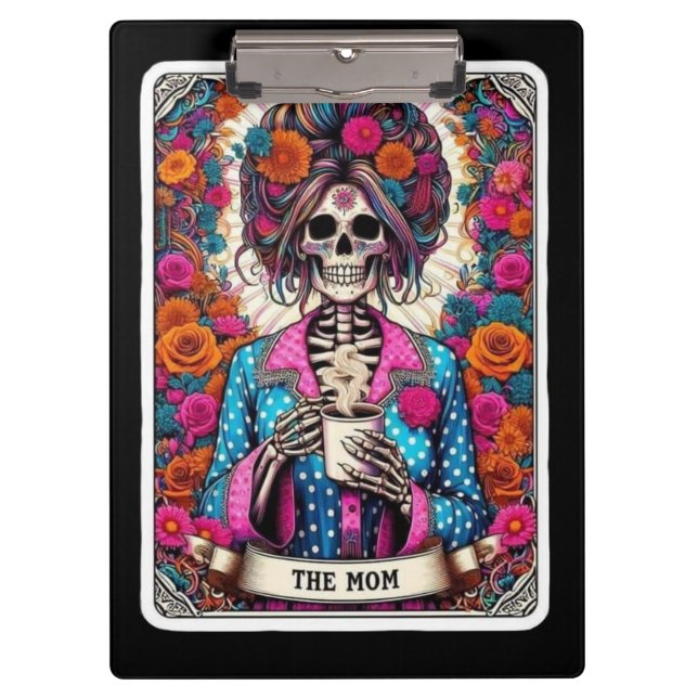 Die Mutter-Tarotkarte – Skeleton Witch Coffee Mom Klemmbrett (Vorderseite)