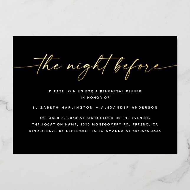 Die Nacht davor | Gold Script Probe Dinner Folieneinladung (Vorderseite)
