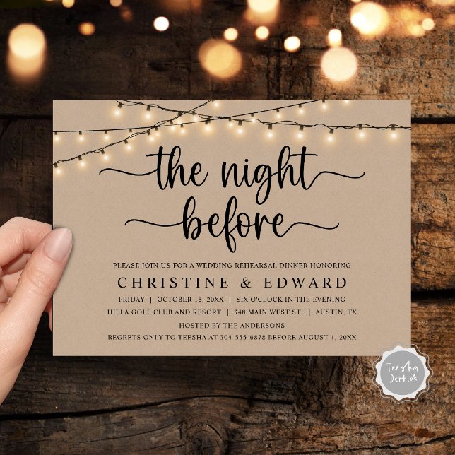 Die Nacht davor, Hochzeit Probe, braune Kraft Einladung (The Night Before, Wedding Rehearsal, Brown Kraft Invitation Card, with rustic cottage String Lights)