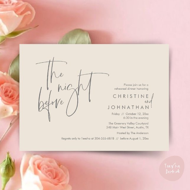 Die Nacht davor, Hochzeit Probe Dinner Einladung (The night before, Casual Modern Wedding Rehearsal Dinner Invitation Card PDF Cream Grey)