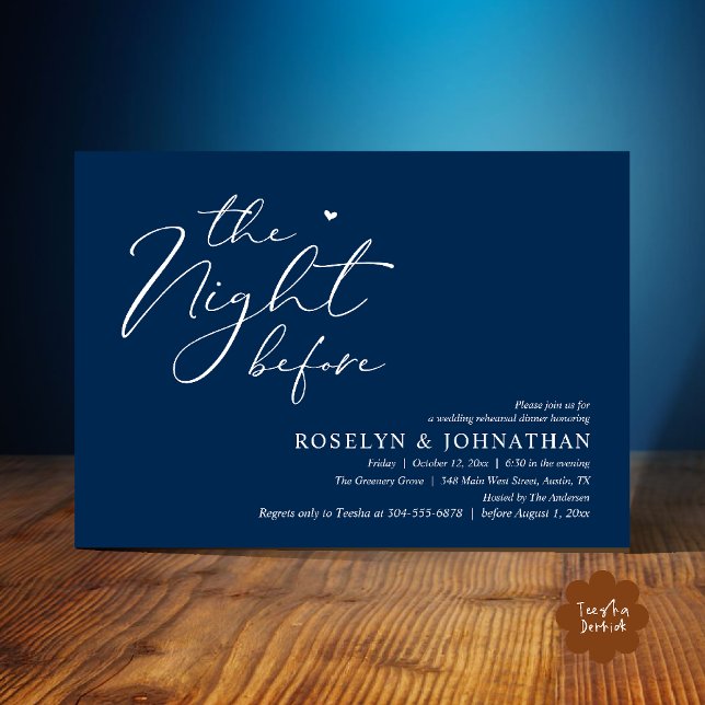 Die Nacht vor dem romantischen Hochzeitsessen Prob Einladung (The Night Before Romantic Wedding Rehearsal Dinner Little heart Invitation Card PDF Navy Blue)