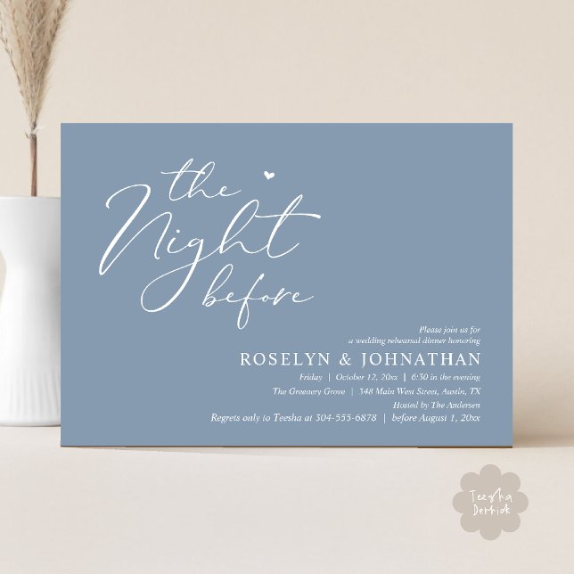 Die Nacht vor dem romantischen Hochzeitsessen Prob Einladung (The Night Before Romantic Wedding Rehearsal Dinner Little heart Invitation Card PDF Dusty Blue)