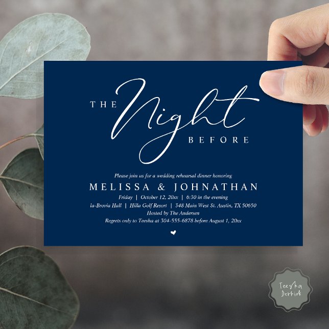 Die Nacht vor dem romantischen Hochzeitsessen Prob Einladung (The Night Before, Romantic Wedding Rehearsal Dinner Invitation Card, PDF, in Navy Blue)