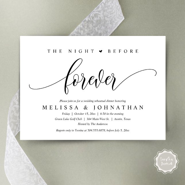 Die Nacht vor der Ewigkeit, Hochzeitsessen Probe Einladung (The Night Before Forever, Modern Wedding Rehearsal Dinner Invitation Card, PDF, in Black and white)