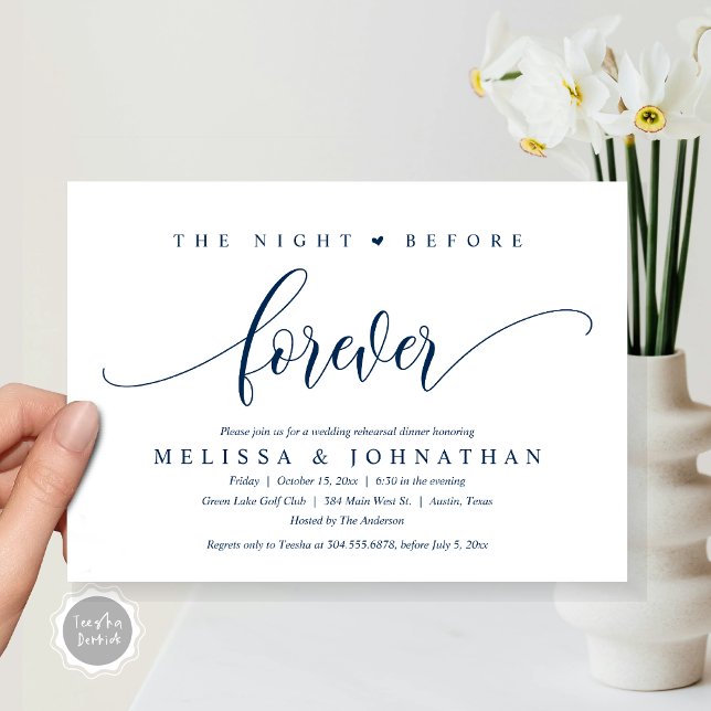 Die Nacht vor der Ewigkeit, Hochzeitsessen Probe Einladung (The Night Before Forever, Modern Wedding Rehearsal Dinner Invitation Card, PDF, in Navy Blue)