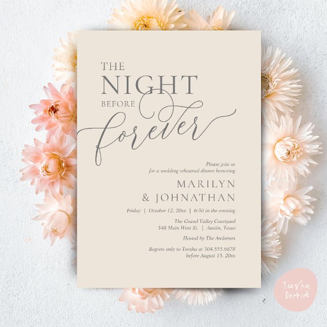 Die Nacht vor der Ewigkeit, Hochzeitsessen Probe Einladung (The Night Before Forever Wedding Rehearsal Dinner Romantic Classy Invites Card PDF in Cream Grey)