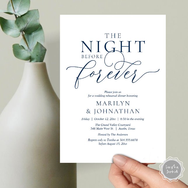 Die Nacht vor der Ewigkeit, Hochzeitsessen Probe Einladung (The Night Before Forever Wedding Rehearsal Dinner Romantic Classy Invites Card PDF in Navy Blue)