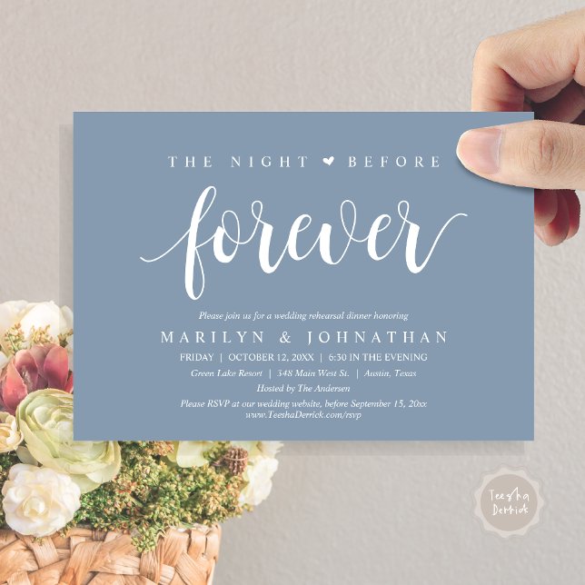 Die Nacht vor der Ewigkeit, Hochzeitsessen Probe Einladung (The Night Before Forever, Wedding Rehearsal Dinner Invitation Card, PDF, Retro Rustic, Dusty Blue)