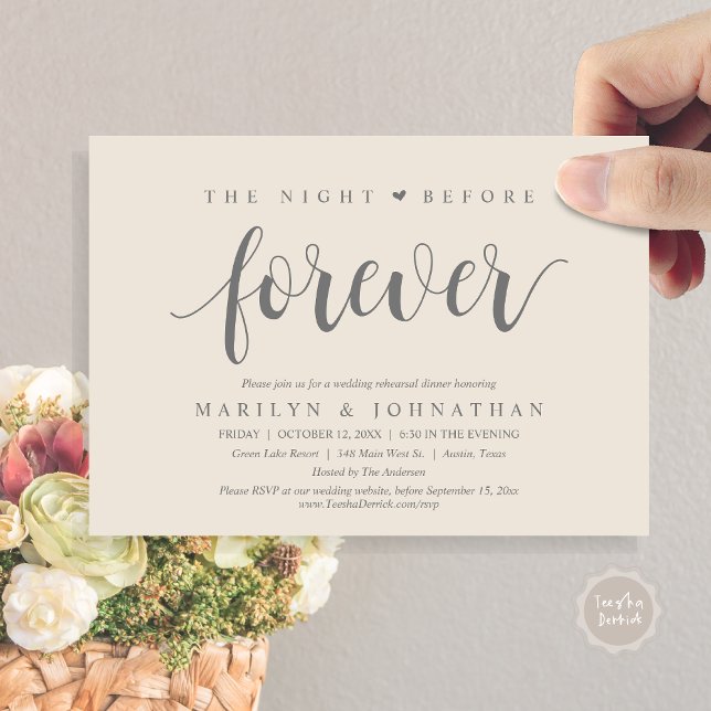 Die Nacht vor der Ewigkeit, Hochzeitsessen Probe Einladung (The Night Before Forever, Wedding Rehearsal Dinner Invitation Card, PDF, Modern rustic, Grey Cream)
