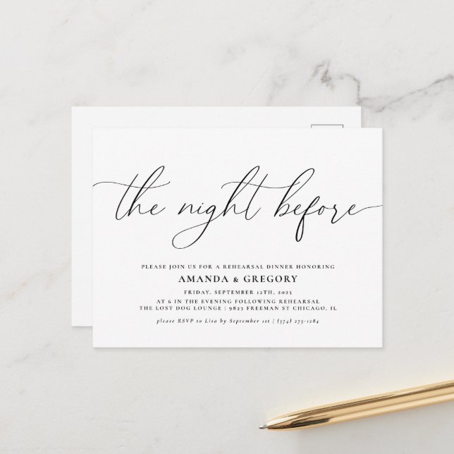 Die Nacht vor der Hochzeit Probe Dinner Postkarte (Vorderseite/Rückseite Beispiel)