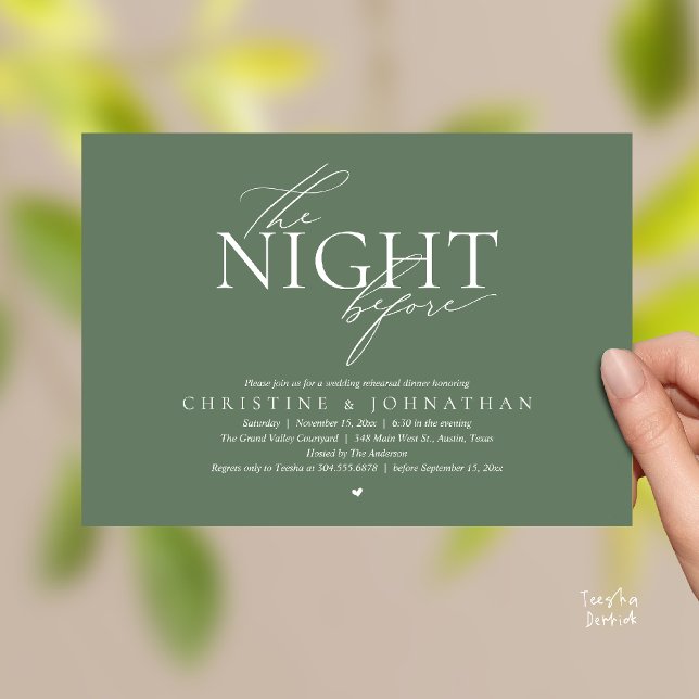 Die Nacht zuvor, modernes Probedinner-Einladungska Einladung (The Night Before, Modern Wedding Rehearsal Dinner Invitation Card in Sage Green)