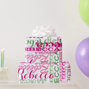 Die Namenscollage des rosa und grünen Mädchens Geschenkpapier