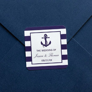 Die nautische Anker-Navy-Streifen-Hochzeitskollekt Quadratischer Aufkleber