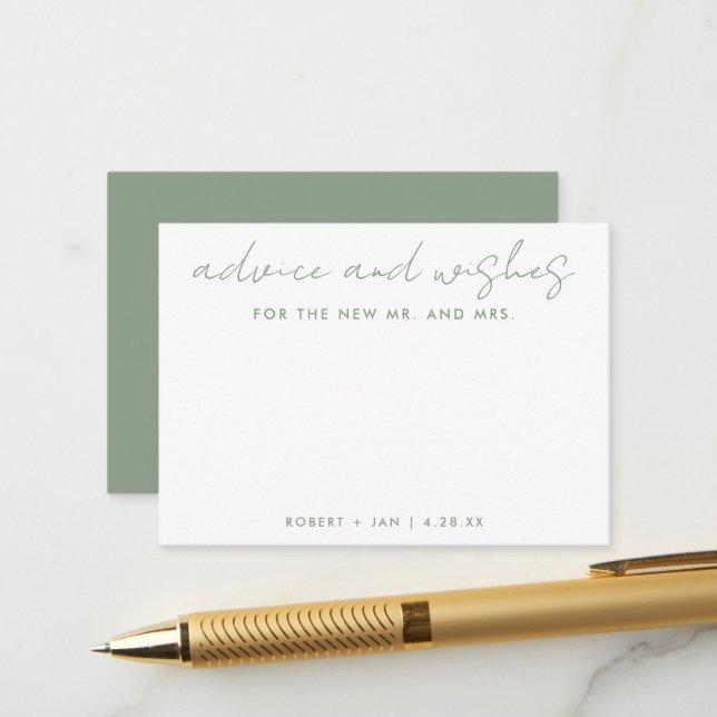 Die neue Mr. + Mrs. Minimalistisch Sage Green Wedd Hinweiskarte (Vorderseite/Rückseite Beispiel)
