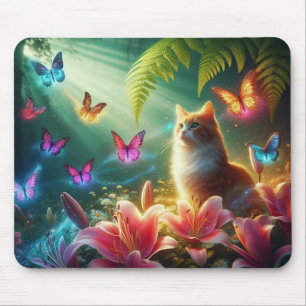 Die neugierige Katze und ihre Schmetterlinge Mousepad