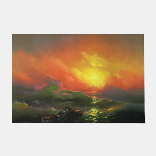 Die neunte Welle (Sturmsee mit rotem Sonnenunterga Fußmatte (Vorderseite)