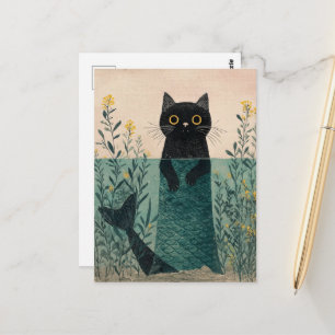 Die niedliche Meerjungfrau schwarze Katze Postkarte