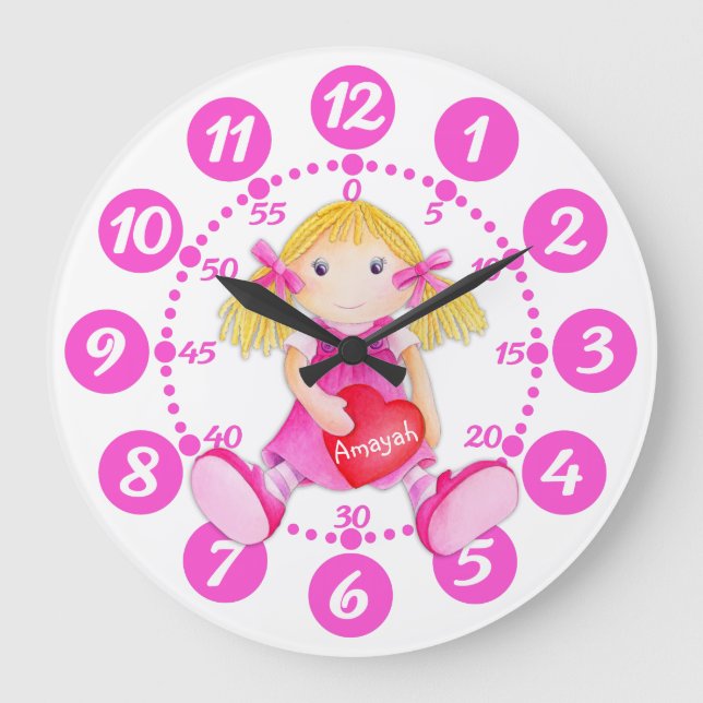 Die niedliche Puppenherz-Kunst des Kindes in Rosa Große Wanduhr (Vorderseite)