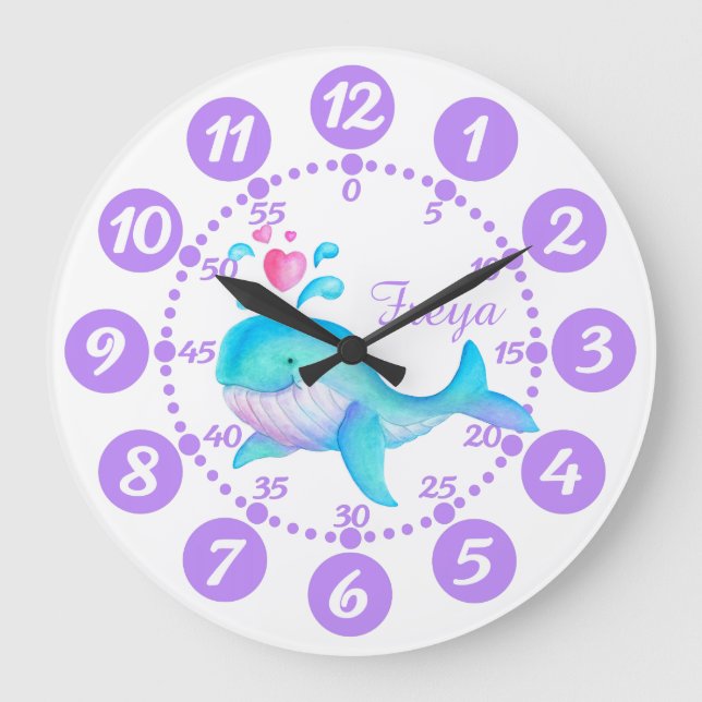 Die niedliche, weiße Uhr der lila Walspurkunst des (Vorderseite)