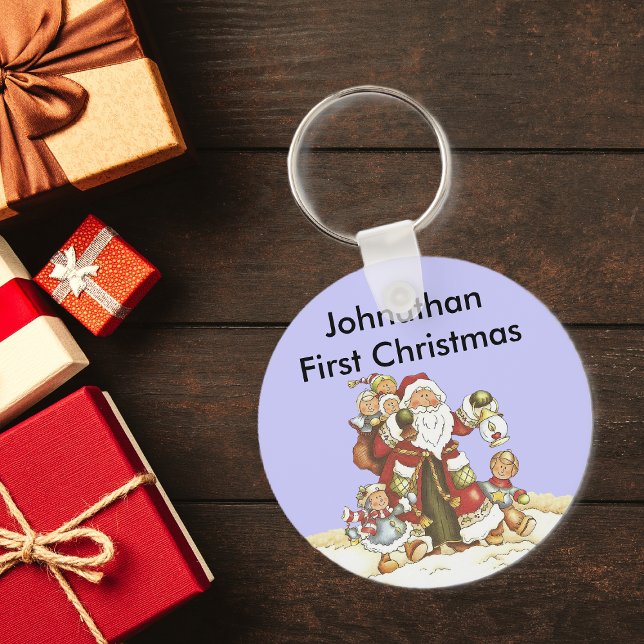 Die Niedlichen Weihnachtskids des Babys Schlüsselanhänger (Santa with group little children in snow on baby's first Christmas blue keychain.)