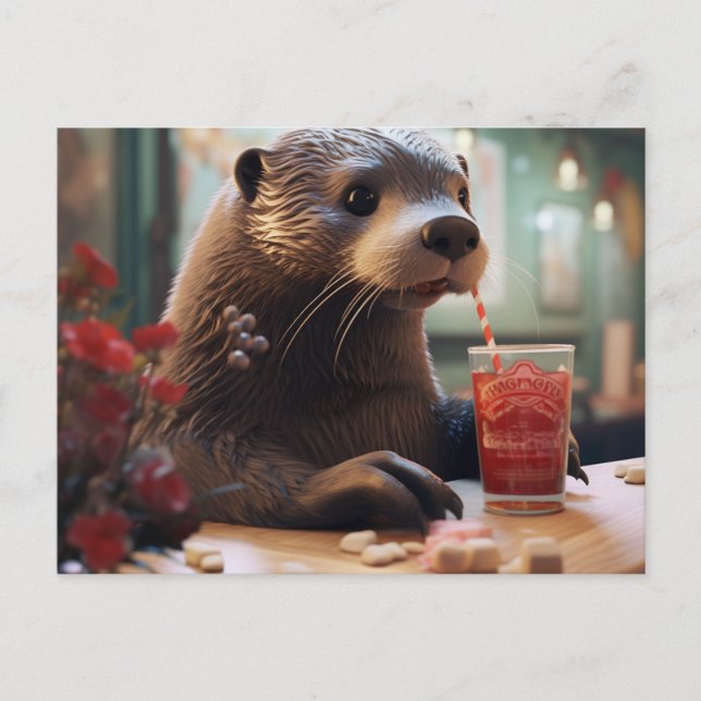 Die Otter trinken einen Cherry Drink im Café Postkarte (Vorderseite)