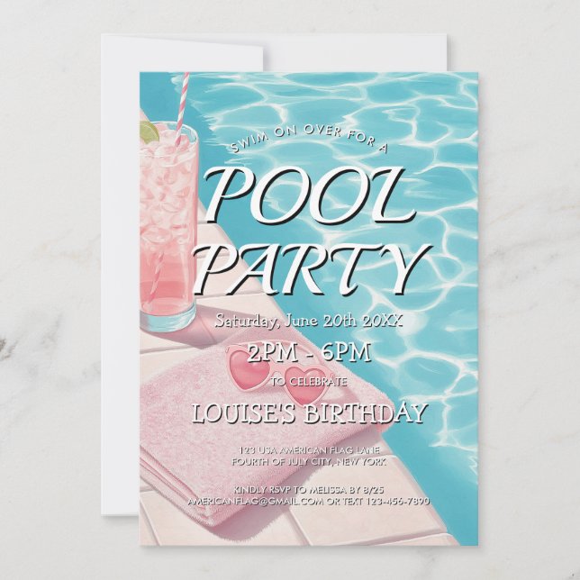 Die Party Einladung des Pools ist einfach und rosa (Vorderseite)