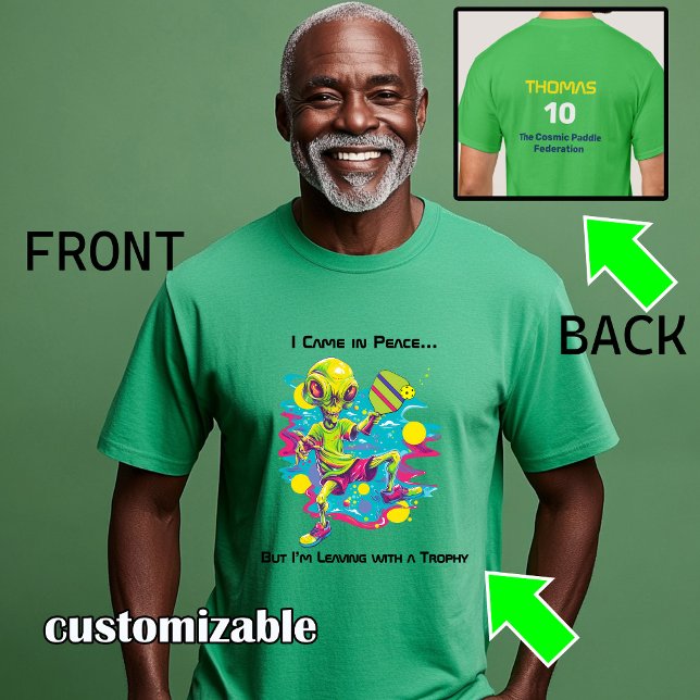 Die Pickleball-Alien-Übernahme T-Shirt (Funny alien pickleball tee, custom text on both sides)