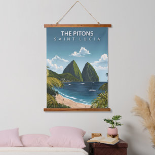 Die Pitons – Vintage-Reiseposter von Saint Lucia Wandteppich Mit Holzrahmen