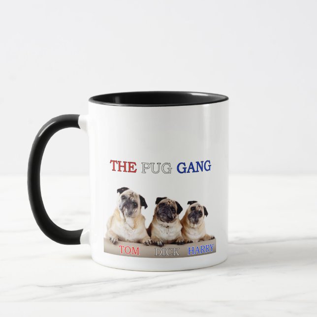 Die Pug-Gang-Kaffeetasse Tom, Dick & Harry Tasse (Links)