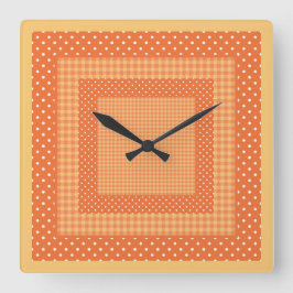 Die quadratische Wall-Uhr, orange Karos und Polka- Wanduhr