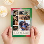Die Rahmen sind grün und rot gestrichen und das si Feiertagspostkarte<br><div class="desc">Für diese kunstvolle und moderne Weihnachtspostkarte braucht man nicht nur ein Foto zu wählen. Ein modernes Arrangement von sieben Ihrer besten Fotos aus der Familie ist gerahmt in einem Rahmen eines malerisch strukturierten Rahmens in festlichen Farbtönen von grün, rot und blassblau in einem Gitter von cremig und warm. Der ausgeklügelte,...</div>