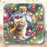 Die Reflexion von Kitten in einem Weihnachtsschmuc Quadratischer Aufkleber<br><div class="desc">Weihnachtsaufkleber oder Umschlag Aufkleber. Ein niedlicher Aquarellstil,  der die Reflexion eines Kätzchens in einem Weihnachtsschmuck veranschaulicht.</div>