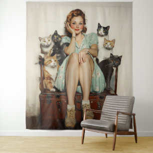 Die Retro Crazy Cat Lady Vibes Wandteppich