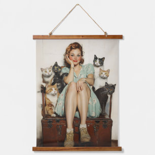 Die Retro Crazy Cat Lady Vibes Wandteppich Mit Holzrahmen